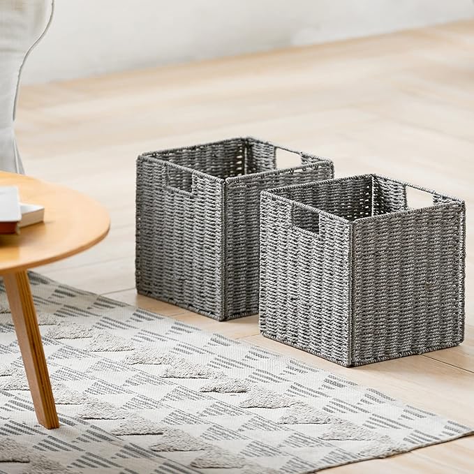 Vagusicc Wicker Storage Basket, Set of 2 Hand-Woven Storage Baskets for Shelves with Handles, Foldable Cube Storage Baskets Bins Organizer 13 inch Large Wicker Baskets for Pantry Bedroom Decor, Grey