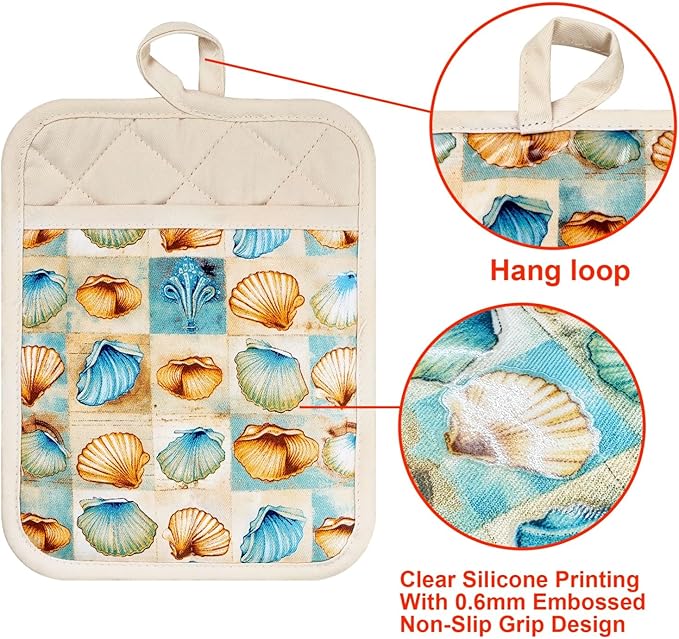 Pot Holders Set of 2 Heat Resistant 480 ℉Non Slip Clear Silicone Printed Comfortable Cotton Lining Kitchen Women Men Cooking Baking Microwave Machine Washable (Shell, Beige potholders)