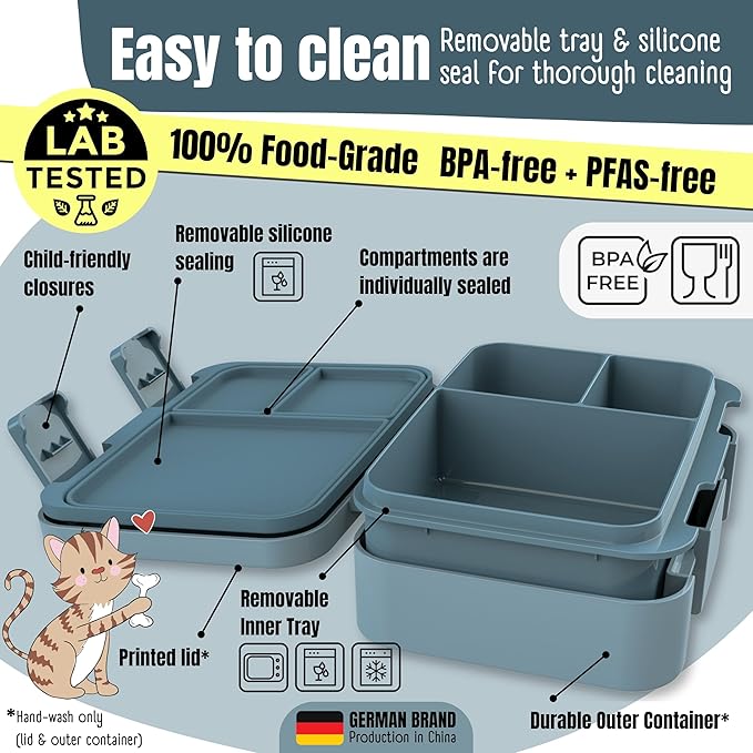BEARFOOT Kids Lunch Box with Compartments – Compact & Lightweight | Leak-Proof, BPA-Free, Dishwasher & Microwave Safe | Hand-Drawn Design for Preschool, School, Travel (Tractor Fox Blue, 2.75 Cups)