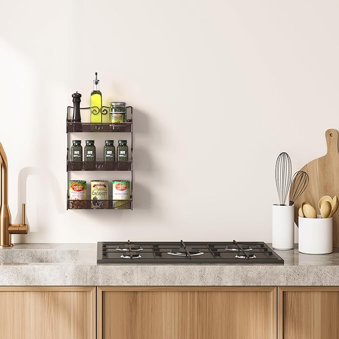Deco Brothers 3 Tier Wall Mounted Hanging Spice Rack, Bronze