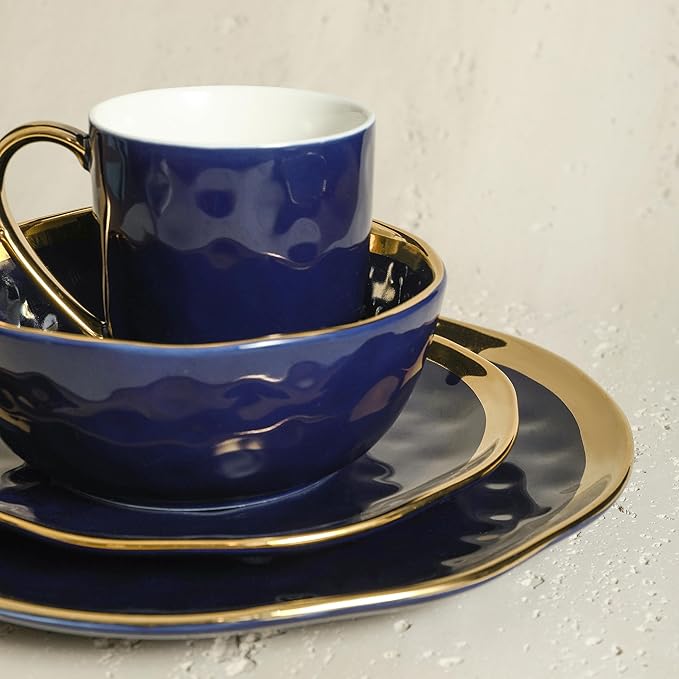 Stone Lain Florian Modern Porcelain Dish Set, 32-Piece Dishes for 8, Gold and Blue