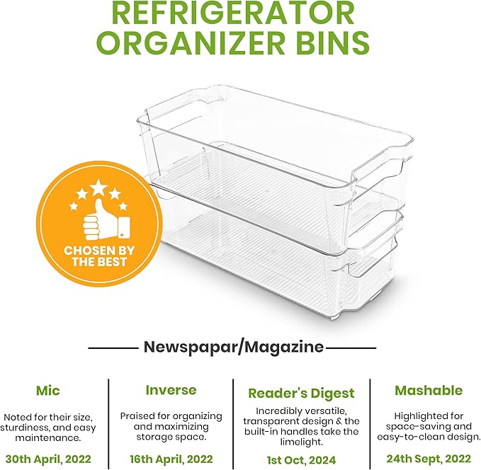 Utopia Home - Fridge & Refrigerator Organizer Bins (8 Pack), Clear Stackable Durable Plastic Storage Containers with Easy Grip Handles for Pantry, Kitchen Cabinets & Countertops
