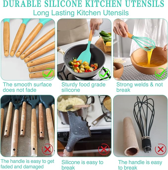 Umite Chef Kitchen Cooking Utensils Set, 24 pcs Non-stick Silicone Cooking Kitchen Utensils Spatula Set with Holder, Wooden Handle Heat Resistant Silicone Kitchen Gadgets Utensil Set (Green)