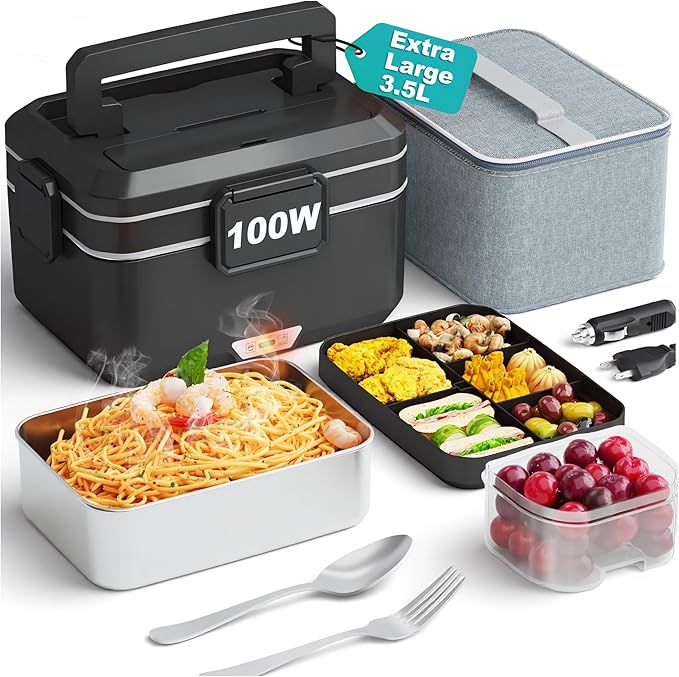 Nifogo Electric Lunch Box for Adults 3,5L 100W Portable Heated Lunch Box for Men 3 in 1 Portable Food Warmer 110V/12V/24V with Removable Stainless Steel Container & Bag