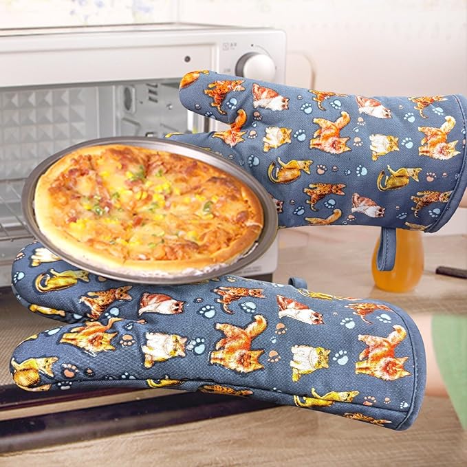 Oven Mitts Gloves 1 Pair Heat Resistant 480 ℉ Non Slip Clear Silicone Printed Cat Comfortable Cotton Lining Kitchen Men Cooking Barbecue Machine Washable (Cat, Blue Mitts)