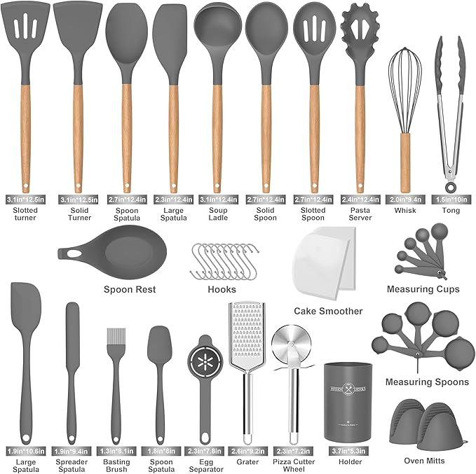 Silicone Cooking Utensils Set, 43Pcs Non-Stick Heat Resistant Kitchen Utensils Spatula Set with Wooden Handle for Baking, Cooking, and Mixing, Best Kitchen Gadgets Tools with Holder (Grey)