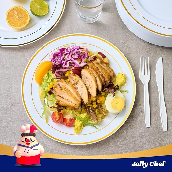 JOLLY CHEF 100 Pieces Gold Plastic Plates, 10 Inch Elegant Disposable Dinner White with Gold Rim, Disposable Plastic Plates for Dinner, Birthdays and Weddings