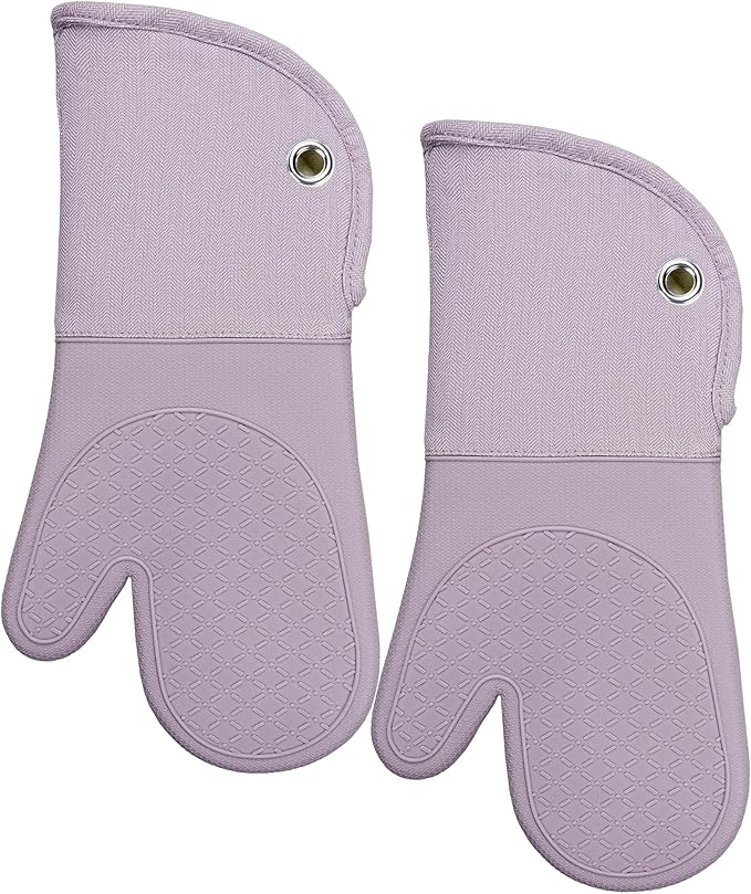 Professional Microwave Silicone Oven Mitts one Pair, Kitchen Mitten Set for Heat Resistant with 500 Degrees, Kitchen Gloves Pot Holder for BBQ Cooking Baking (Purple)