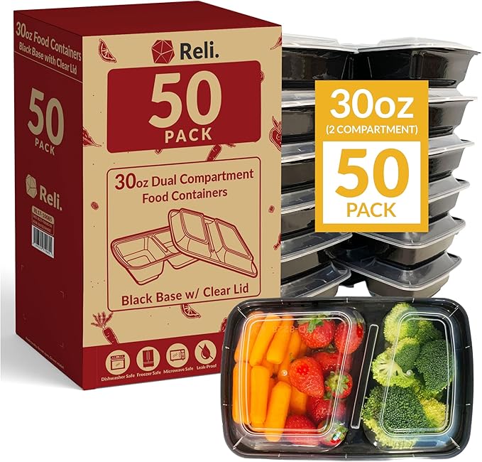 Reli. Meal Prep Containers, 30 oz. (50 Pack) - Black 2 Compartment Food Container with Lid, Microwavable Food Storage | Black Reusable Bento Box/Lunch Box for Meal Prep (30 oz)