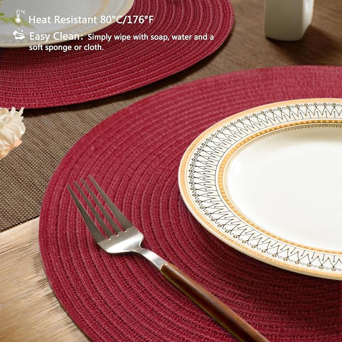 FunWheat Round Braided Placemats Set of 8 Place mats for Dining Tables Woven Heat Resistant Table Mats 15 inch (Wine,8pcs)