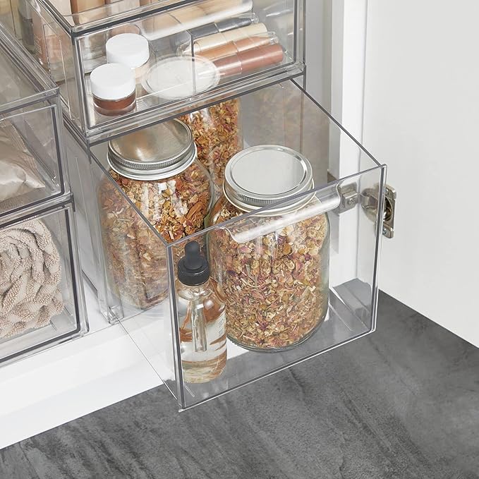 mDesign Plastic Stackable Bathroom Storage with Pull Out Bin Organizer Drawer for Cabinet, Vanity, Shelf, Cupboard, Cabinet, or Closet Organization - Lumiere Collection - 4 Pack - Clear