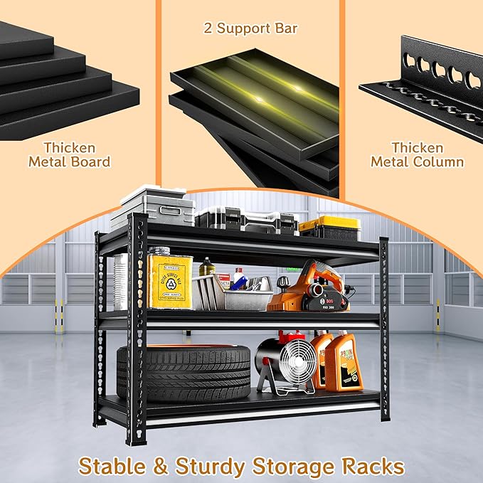 Adjustable Shelving Units and Storage, 48”W Garage Shelving Heavy Duty,1500LBS Loads 3-Tier Garage Storage Shelves, Metal Shelves for Living Room,Pantry,48”W×16”D×36”W,Black