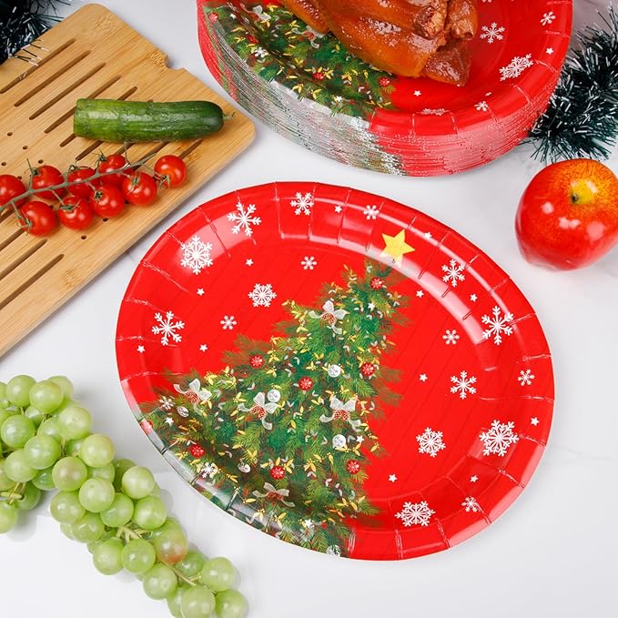 WDF 50Pack Christmas Paper Plates - Oval Paper Plates 10" x 12" for Party Supplies Christmas Trees Large Disposable Platter for Serving Tray Baby Shower Birthday