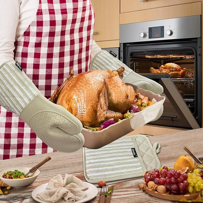 Silicone Oven Mitts Heat Resistant 932℉ with Waterproof & Non-Slip Kitchen Mittens, Set of 2 Extra Long Oven Gloves with Soft Cotton Terry Lining for Baking Cooking Barbecue (Khaki, 2)