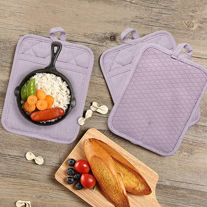 Pot Holders Yarn-Dyed Set of 3 Non Slip Silicone Kitchen Lines Heat Resistant 500℉ Kitchen Gloves BBQ Cooking Baking Cooking Barbecue Microwave Machine Washable (Purple Pot Holders)