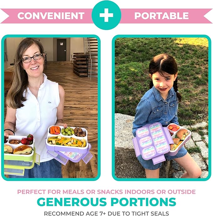 Unicorn Bento Box Lunch Box for Girls, Kids | Snack Containers with 4 Compartment Dividers, Boxes for Toddlers Pre-School Daycare Lunches BPA Free, Food & Microwave Safe | Purple Rainbow Unicornio