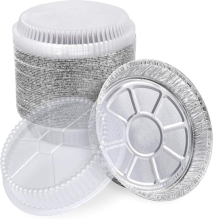 DecorRack 14 Round Aluminum Pans with Dome Lid, 9 Inch Heavy Duty Tin Foil Pans, Perfect for Reheating, Baking, Roasting, Meal Prep, To-Go Containers, Environmentally Friendly (Pack of 14)
