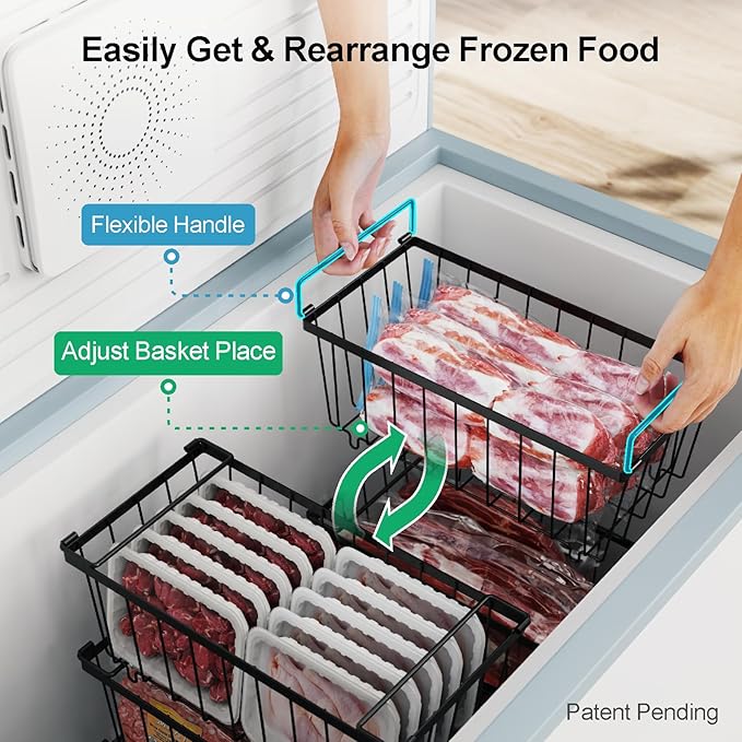 iSPECLE Freezer Storage Bins - 6 Pack Small Stackable Deep Freezer Organizer Bins for Most 7 Cu.FT Chest Freezer Sort Frozen Food, Freezer Basket with Handles Easy to Get Food from Bottom, Black