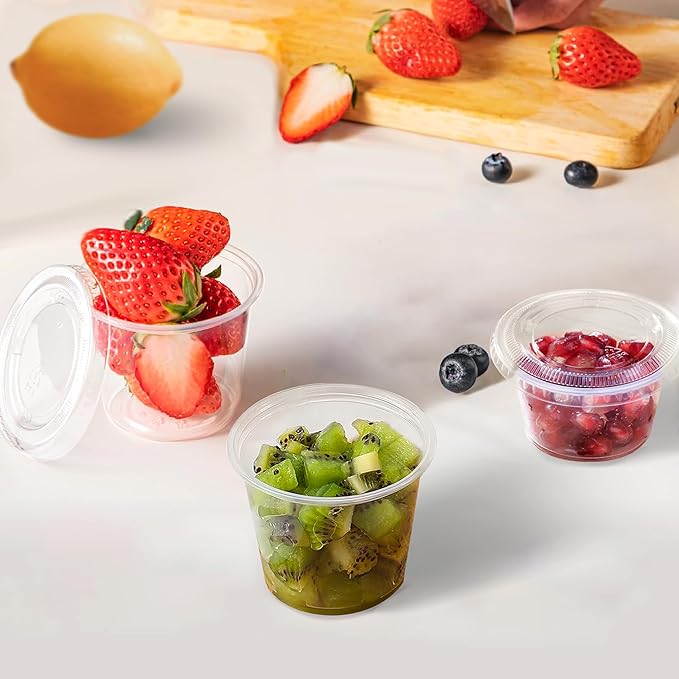 TashiBox 200 Sets - 4 oz Portion Cups With Lids, Small Plastic Containers, Airtight and Stackable Souffle Cups for Jello Shots, Sauce, Condiments, Lunch, Party, Trips