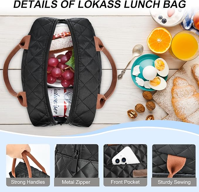 LOKASS Lunch Bag for Women/Men-Insulated Adults Lunch Box with Front Pocket- Small Cute Lunch Tote for Work-Reusable Cooler Bag for Office Picnic Beach or Travel