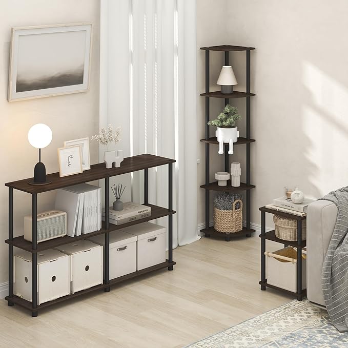 Furinno Turn-N-Tube Corner Shelf, 5-Tier Corner Bookshelf, Open Storage Shelves, for Organization and Storage, Living Room, Home Office, Garage, Bedroom, Brown Grain
