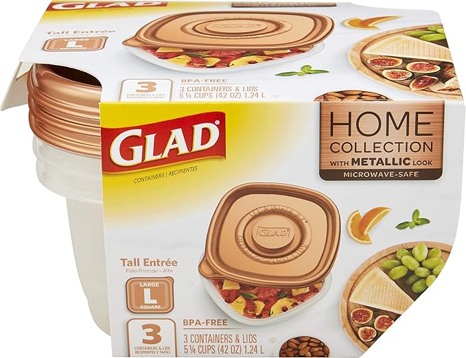 GladWare Home Tall Entree Food Storage Containers, Large Square Holds 42 Ounces of Food, 3 Count Set - 6 Pack | With Glad Lock Tight Seal, BPA Free Containers and Lids (18 Total Containers)