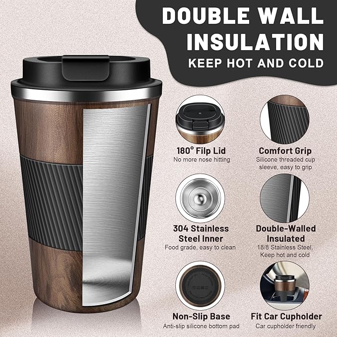 Insulated Coffee Tumblers with Flip Lid 12oz / 17oz, Stainless Steel Travel Coffee Mug Leak Proof, Vacuum Insulated Coffee Mug Reusable Cup, Keeps Cold and Hot for Coffee Tea