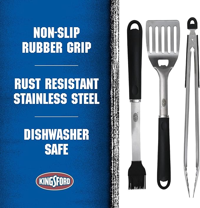 Kingsford Stainless Steel 3-Piece BBQ Tool Set | Tongs, Basting Brush, Spatula | Rust-Resistant Grilling Tools