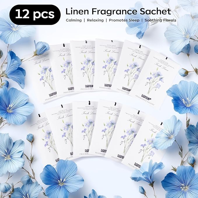 MYARO 12 Packs Linen Scented Sachets for Drawer and Closet, Long Lasting Fresh Scent Air Freshener & Odor Eliminator Home Fragrance Potpourri Bag