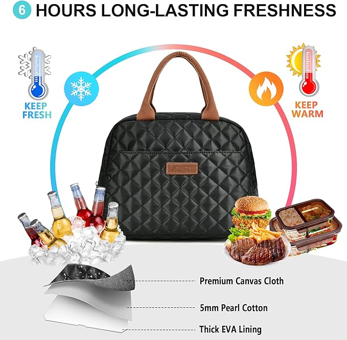 LOKASS Lunch Bag for Women/Men-Insulated Adults Lunch Box with Front Pocket- Small Cute Lunch Tote for Work-Reusable Cooler Bag for Office Picnic Beach or Travel