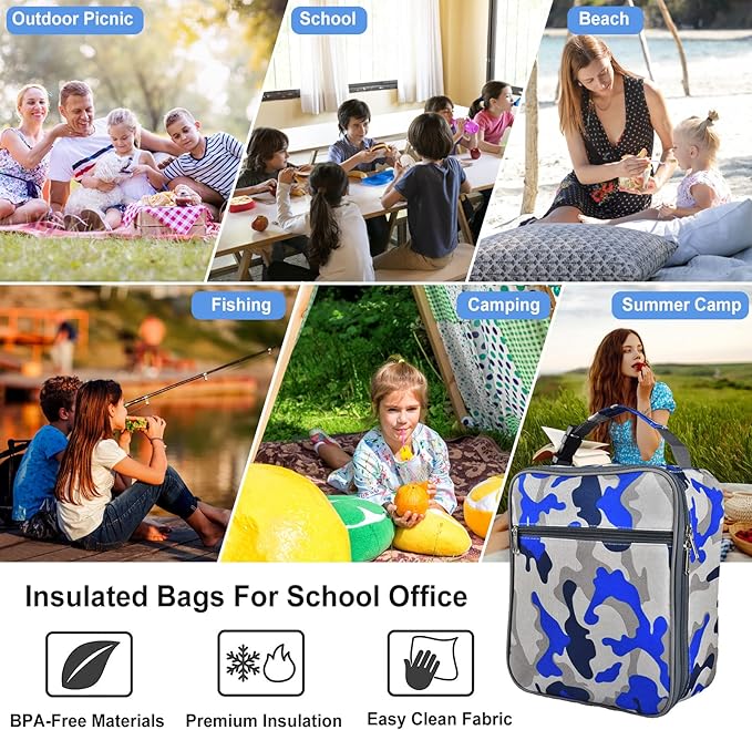 Insulated Lunch Bag, Leakproof Portable Box for Women Men Boys Girls, Large Capacity Cooler Bag with Handle and Bottle Pocket for Office School Camping Hiking Outdoor Beach Picnic (Camo Blue)