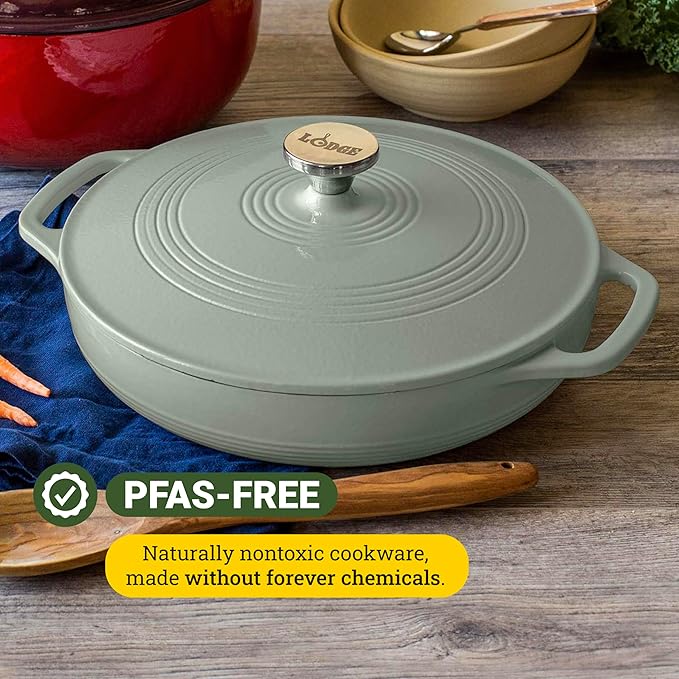 Lodge 3.6 Quart Enameled Cast Iron Covered Casserole with Lid – Dual Handles – Oven Safe up to 500° F or on Stovetop - Use to Marinate, Cook, Bake, Refrigerate and Serve – Desert Sage