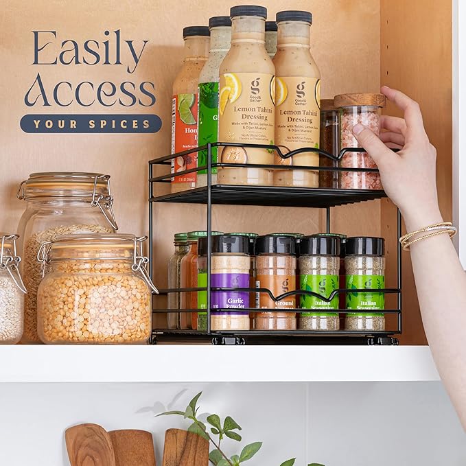 Pull Out Cabinet Organizer for Spices, Cans - Heavy Duty with Lifetime Limited Warranty- Pull Out Spice Rack- Cabinet Pull Out Shelf for Cans,Dishes, Etc, 8-1/2"Wx10-3/8"Dx8-7/8"H, Black