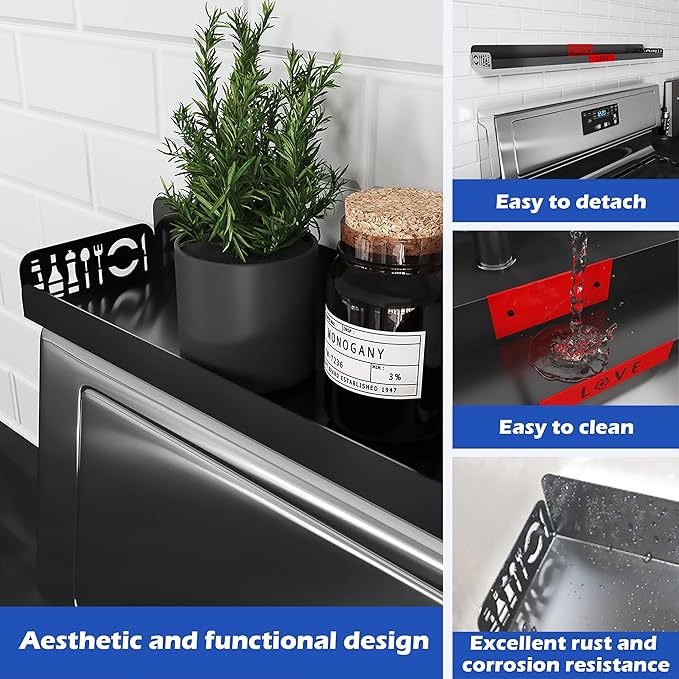 30" Magnetic Stove Top Shelf – Black Spice Rack with Red LOVE Design – Seasoning Organizer for Back of Stove – Over Stove Rack and Kitchen Storage Shelf