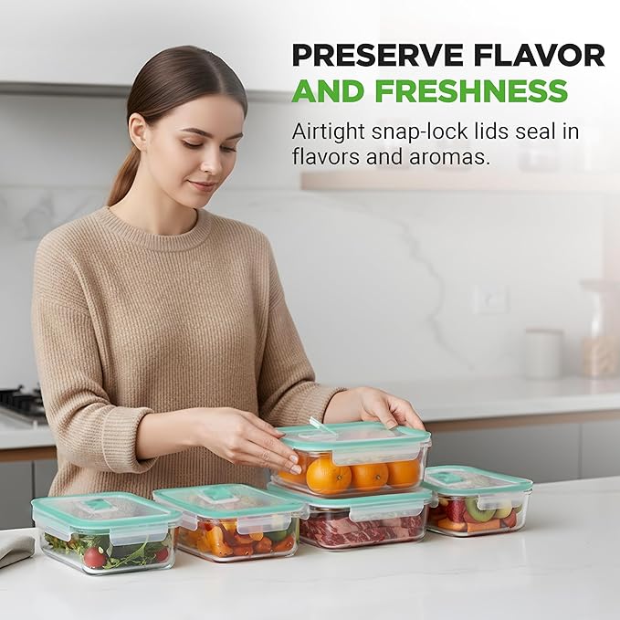 NutriChef 10-Piece Superior Glass Food Storage Containers Set (5 Containers + 5 Locking Lids),Stackable Meal-prep Design, BPA-free Airtight Clear Locking lids with Vent Lids & Air Hole, Green