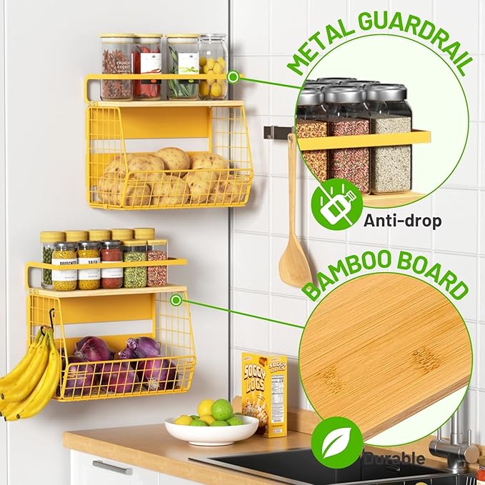 Magnetic Shelf for Fridge with Wood Lid, Fruit Potato and Onion Storage Bins, Pantry Organizers & Storage, Large Container Magnetic Spice Rack for Refrigerator, Kitchen Counter, Cabinet (Yellow, 2)