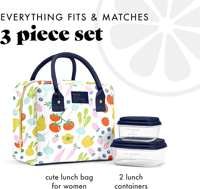 Fit & Fresh Bloomington Lunch Bag for Women - Insulated Large Lunch Box for Work with Containers, Leak-Resistant, Stain-Resistant, Zipper Closure, Fruit Print