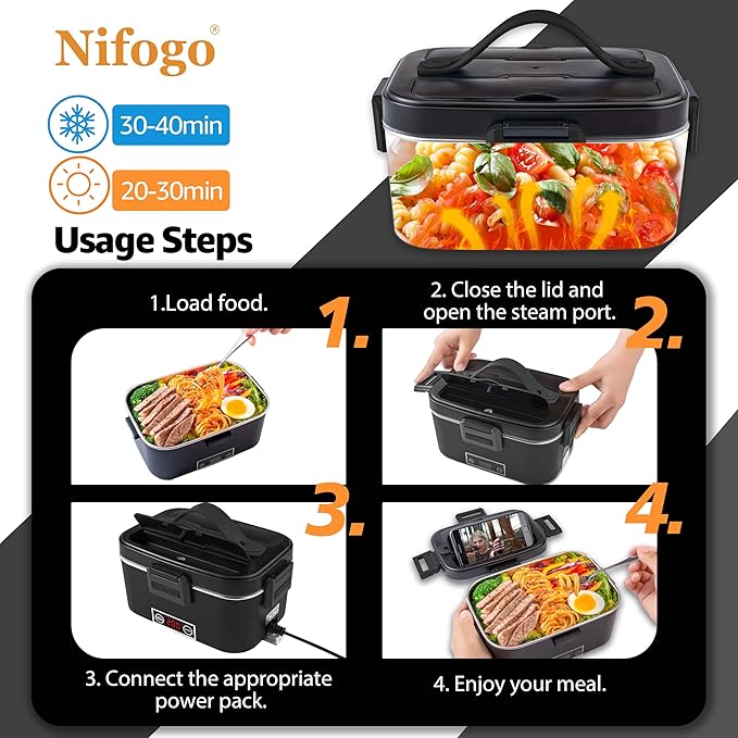 Nifogo Electric Lunch Box for Adults 100W with Temperature Display Heated Lunch Box Food Warmer LunchBox 1.8L Stainless Steel Container&Bag 12V/24V/110V for Car/Truck/Work(Black)