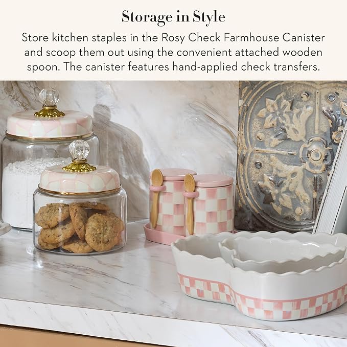 MACKENZIE-CHILDS Ceramic Farmhouse Canister, Kitchen Storage Container with Lid, Pink-and-White Rosy Check