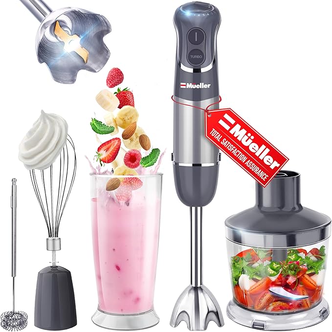 Mueller Multistick 5-in-1 Immersion Blender Handheld,12 Speed Hand Mixer-Turbo Boost,Heaviest Duty Copper Motor,Titanium reinforced Blades Hand Blender,Milk Frother Wand,Whisk,Beaker,Chopper,Grey