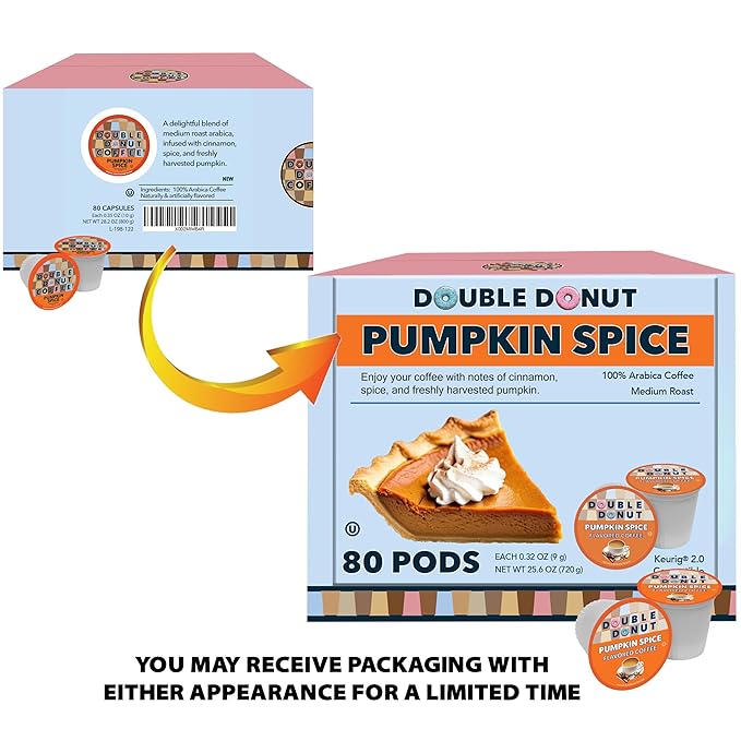 Double Donut Coffee Pumpkin Spice Coffee Pods, Single Serve Coffee for Keurig K Cups Machines, Medium Roast Pumpkin Pods, 80 Count