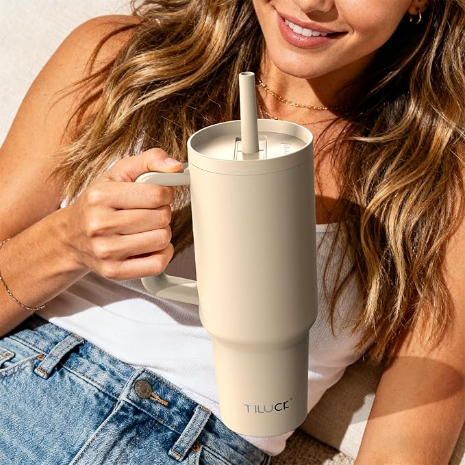 TILUCK 40 oz Tumbler with Handle, Vacuum Insulated Stainless Steel Travel Mug with 100% Leak-Proof Silicone Straw Lid, Cupholder Friendly Water Bottle(Lilac, 40oz)