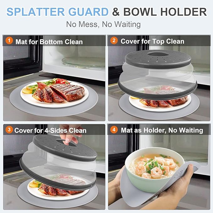 Pack 2, LekDrok Microwave Food Cover with Mat 10 Inch, Mat as Bowl Holder, Cover for Splatter Guard, Collapsible Lid for Plate, Multi-Use Silicone Mat & Kitchen Colander Gadget for Meal Prep, Charcoal