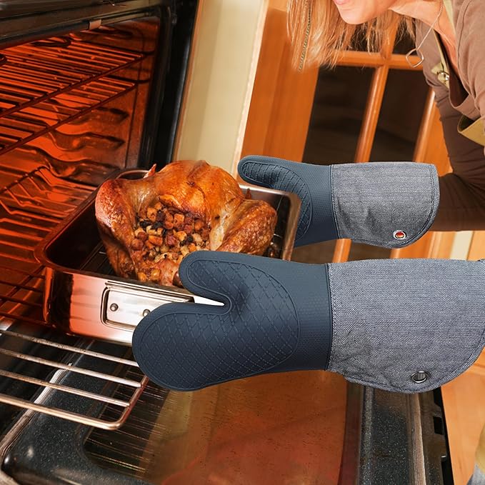 Professional Microwave Silicone Oven Mitts one Pair, Kitchen Mitten Set for Heat Resistant with 500 Degrees, Kitchen Gloves Pot Holder for BBQ Cooking Baking (Gray)
