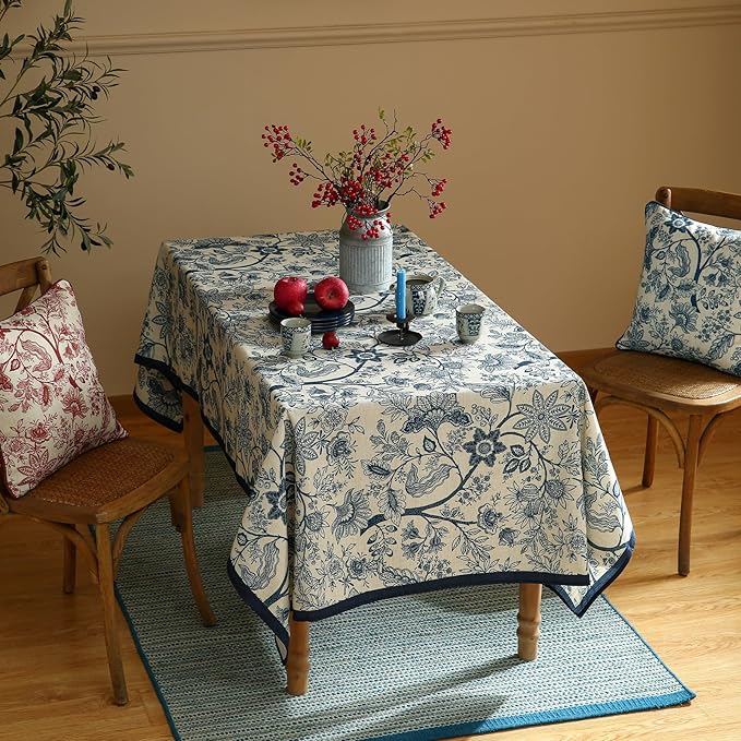 ISAENNE Designer French Linen Small Rectangular Tablecloth,Blue Floral Washable Indoor Table Cloth,Durable Home Decor Tablecloths for Dining Thanksgiving Kitchen Party Christmas,55"*71"-Ruyi B