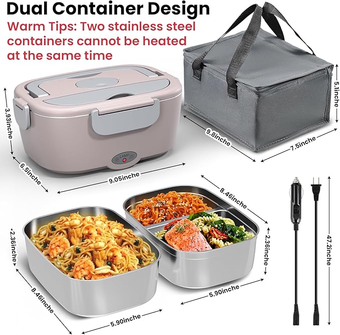 Electric Lunch Box for Adults - 80W Fast Heated Lunch Box for Men&Women with Dual 1.5L Stainless Steel Containers Fast Heating Portable Food Warmer for Car&Truck lonchera eléctrica portátil