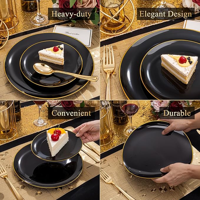 KIRE 200Pcs Black Plastic Plates - Black Plates Disposable for Party - Include 100 for Dinner and 100 for Dessert for Birthday/Wedding/New Year