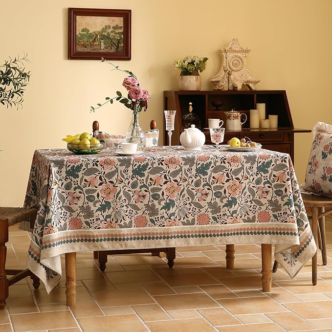 ISAENNE Designer Boho Floral Square Tablecloth,Linen Lotus Flower Pattern Colorful Indoor Table Cloth,Durable Decor Tablecloths for Dining Thanksgiving Kitchen Christmas,67"*67"-Hazel A