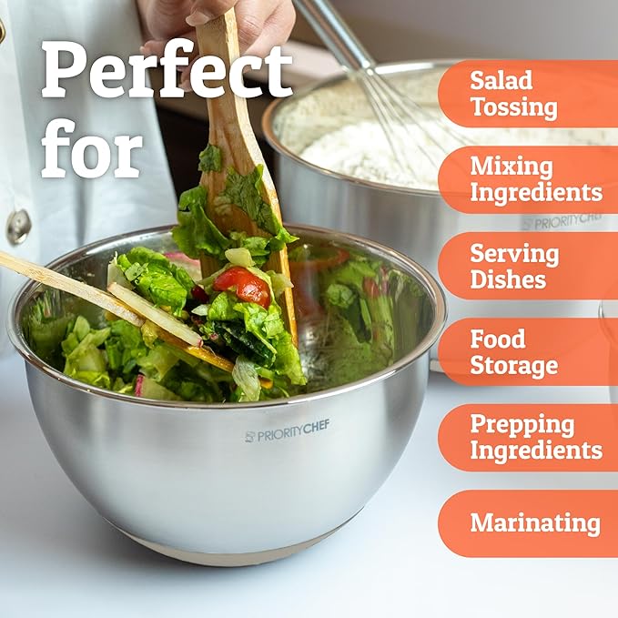 Priority Chef Premium Mixing Bowls With Lids Set, Airtight Lids, Thicker Stainless Steel, Non-Slip Base, 5 Nesting Steel Bowls for Kitchen, Large Prep Metal Bowl Set 1.5/2/3/4/5 Qt, Khaki