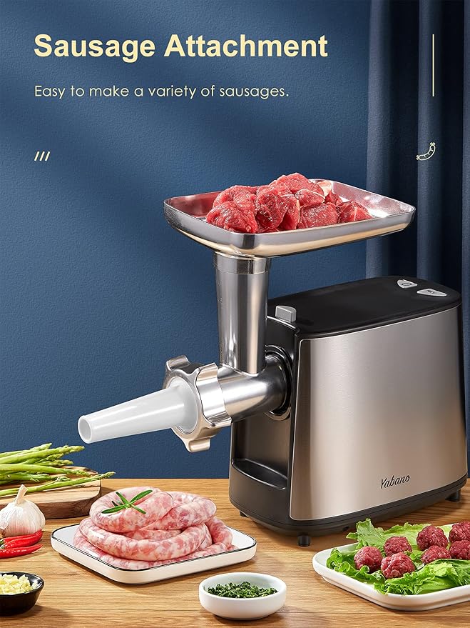 Yabano 3000W Max Heavy Duty Electric Meat Grinder with Sausage Stuffer Maker & Kubbe Kit, 2 Stainless Steel Grinding Plates for Home & Restaurant(Silve&Black)